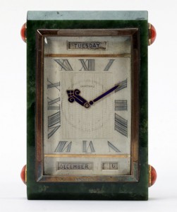 Cartier Art Deco day/date desk clock in nephrite with hexagonal jeweled decoration, circa 1920. Estimate: $500-$700. Kamelot Auctions image